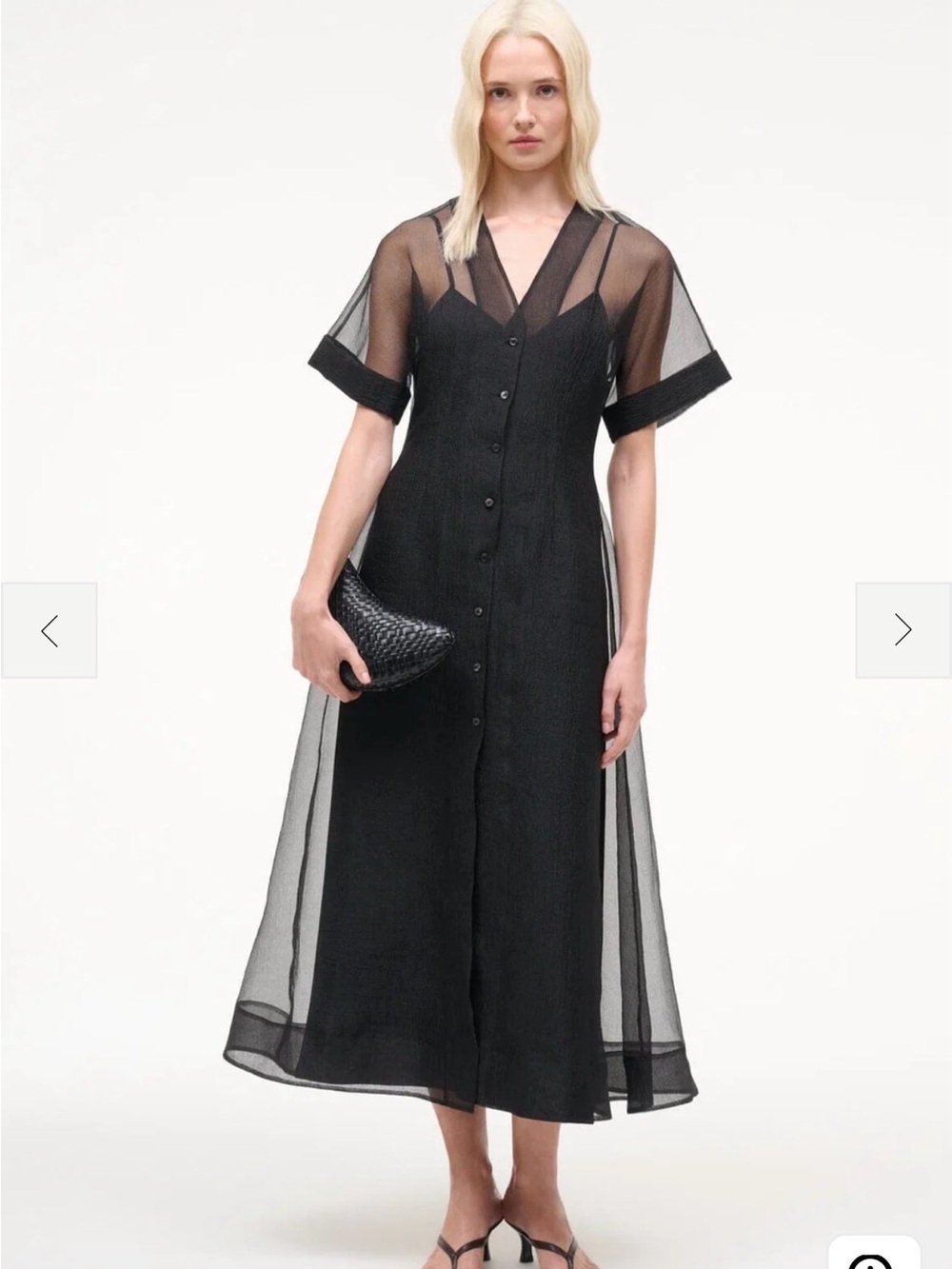 NWT STAUD Elle Black Sheer Overlay Button-Front Midi Dress